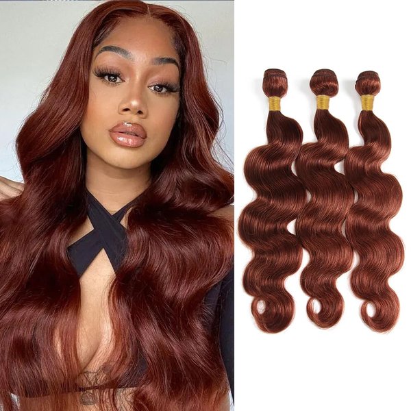 Color 33 Reddish Brown Body Wave Human Hair Auburn Bundles Human Hair Copper Red Bundles Double Weft Brazilian Remy Hair Extensions Wet and Wavy Bundles Silky and Soft (26 26 26 Inch 3 Bundles)
