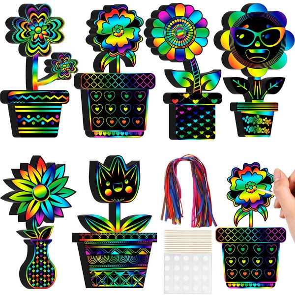 Hungdao 60 Pcs Flowers Scratch Cards Rainbow Summer Scratch Paper for Kids Rainbow Scratch Crafts with Bamboo Stylus and Ribbon for Home Classroom School DIY Mother's Day Gifts(Floral)