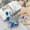 30Pcs Flower Press Ons French Tip Press on Nails Short Almond Fake Nails Blue Glossy Full Cover Design Acrylic Nails Spring Summer Short False Nails Reusable Glue on Nails Set for Women Girls