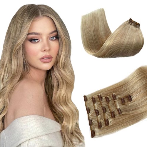 Belaved Clip in Hair Extensions Real Human Hair Blonde Clip ins Seamless Hair Extensions 18 Inch 70g Beach Blonde Remy Human Hair Extensions for Women Seamless Clip on Hair Extensions 7pcs #8BP60