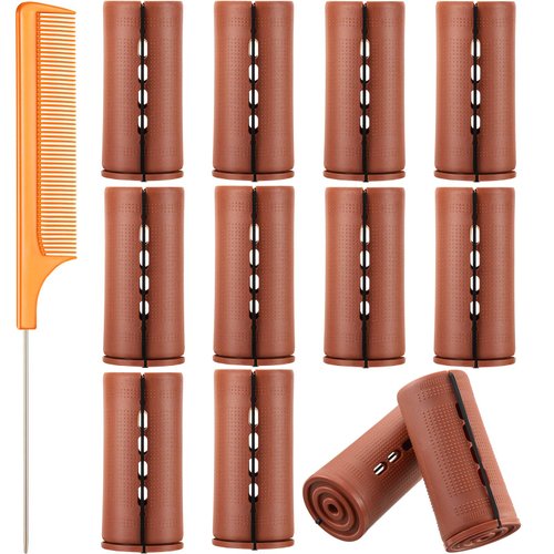 12 Pieces Hair Perm Rods Set Cold Wave Rods Plastic Perming Rods Hair Curling Rollers with Stainless Steel Rat Tail Comb Pintail Comb for Hairdressing Styling Tools (1.57 Inch, Brown)