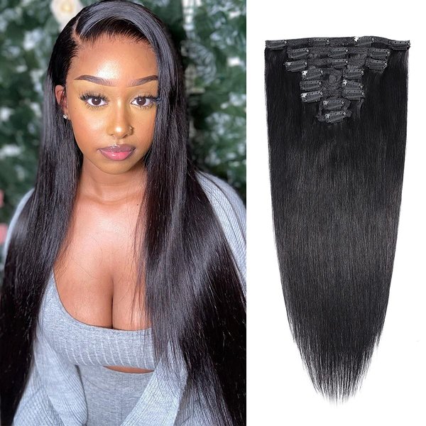 Clip in Hair Extensions Jet Black Straight Remy Hair Clip Ins For Women 8 Pieces 130G Silky Straight Double Weft Remy Hair Extensions Clip on 20 Inch