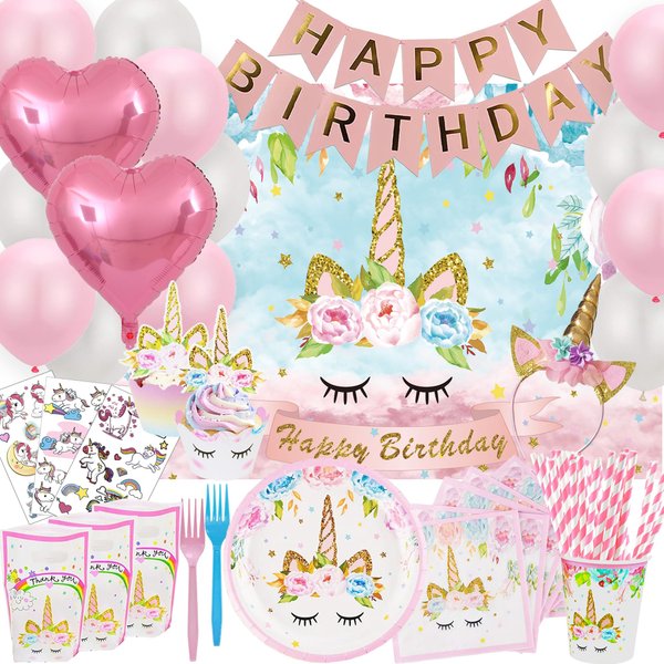 Unicorn Birthday Decorations, Unicorn Party Supplies for Girls Birthday - Unicorn Backdrop Bday Balloons Kit Headband Cake Cupcake Toppers Wrappers Banner Tattoos Plates Cups Napkins Straws Favor Bags