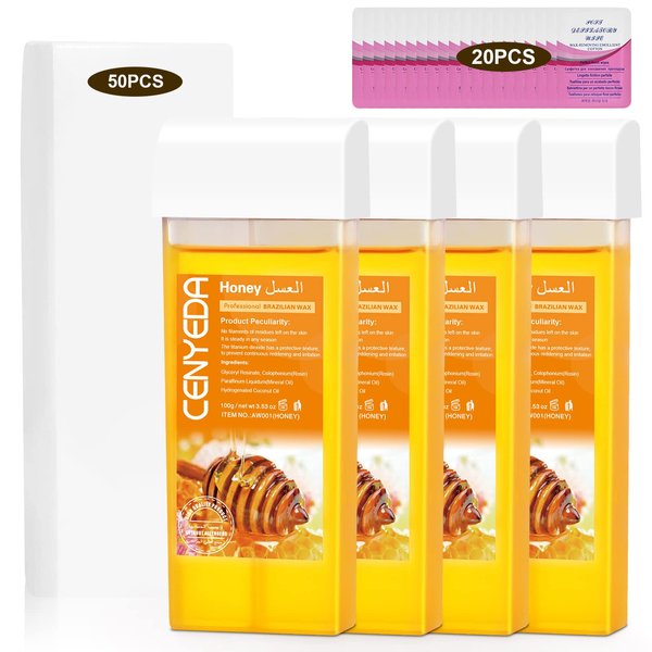 CENYEDA Roll On Wax Kit, Roll On Wax Cartridges for Hair Removal, 4 Pack Depilatory Honey Wax Roller Refill with 50 Wax Strip and 20 After-Wax Treatmet Wipes