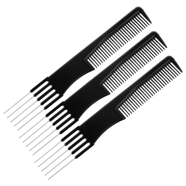 Thinp 3 Packs Comb With Metal Pick,Teasing Comb Pick Comb Lifting Fluffing Comb with 5 Stainless Steel Pins Hair Picks for Women Teasing Comb for Fine Hair Women Most Hair Types(Black)