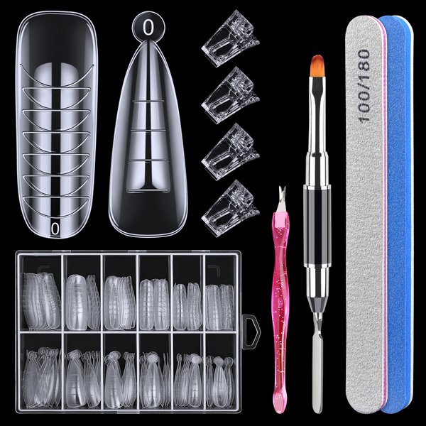 144pcs Nail Forms, MORGLES 2 Sizes Poly Extension Gel Dual Forms, Coffin Nail Tips Extension Forms with Stiletto Shape Molds, 10pcs Nail Tips Clip with Nail Files for Nail Art for Home & Salon