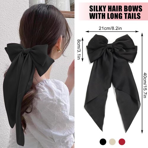 3 PCS Hair Bows for Women Hair Bow Clips Black Bow Hair Ribbons for Women Big Bows Metal Clips French Barrette with Long Tail Satin Ribbon Hairpin Lady Barrettes Scrunchies Ponytail Accessories