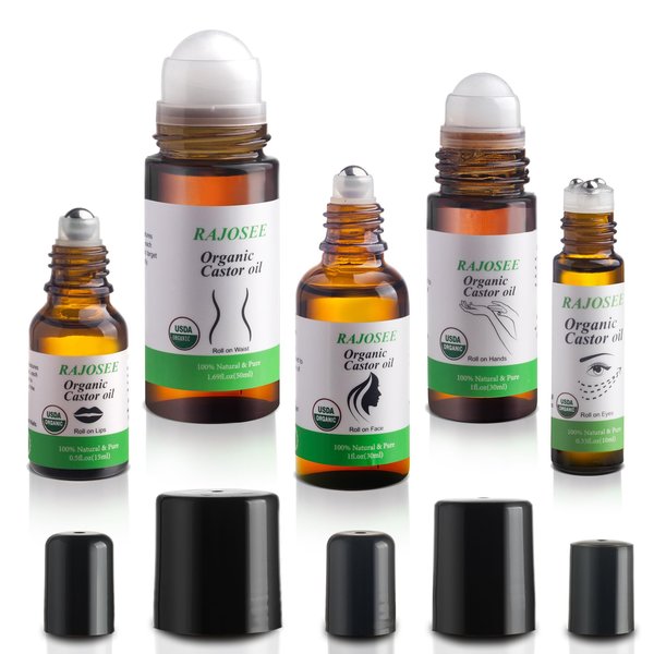 5 Pcs Castor Oil Roller on Set, USDA Organic Castor Oil for Skin Waist Back Leg, Castor Oil Set for Lip Eyebrow Hair, Pure Organic Cold Pressed Essential Oil in Glass Bottle