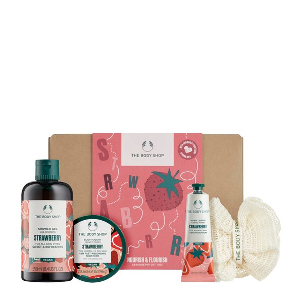 The Body Shop Nourish & Flourish Strawberry Body Care Gift Set, Vegan, 4-Piece Gift Set