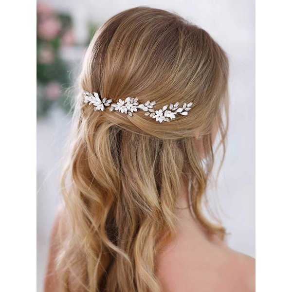 UNSUTUO Bride White Flower Wedding Hair Pins Clips Rhinestone Silver Bridal Hair Piece Accessories for Women, Set of 3 (Silver)