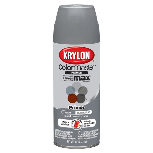 Krylon K05131807 ColorMaster Paint + Primer, Ultra Flat Primer, Gray, 12 oz.