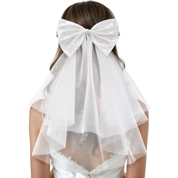 SWEETV Bridal Hair Bow Veil White Bow Clip Bachelorette Party Decorations Pearl Accessories Bride to Be Bridal Shower Gift