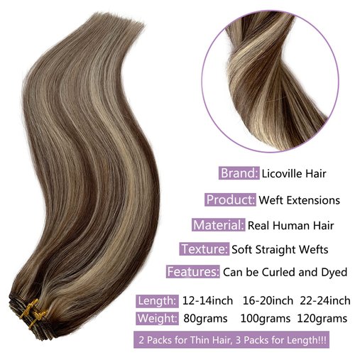 Weft Hair Extensions Sew in Human Hair Extensions Blonde Highlighted 18 Inch Sew in Hair Weft Extensions Real Human Hair Medium Brown with Bleach Blonde Highlights Hair Weave Bundles 100g