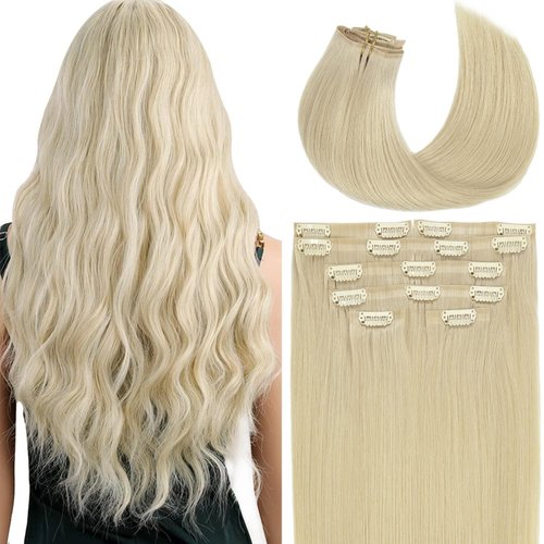 Lacer Hair Blonde Clip in Hair Extensions 18 Inch Seamless Hair Extensions Clip in Human Hair Platinum Blonde Remy Clip in Hair Extensions 7 Pcs 130g 18 Clips