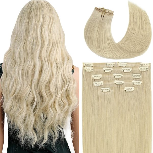 Lacer Hair Blonde Clip in Hair Extensions 18 Inch Seamless Hair Extensions Clip in Human Hair Platinum Blonde Remy Clip in Hair Extensions 7 Pcs 130g 18 Clips