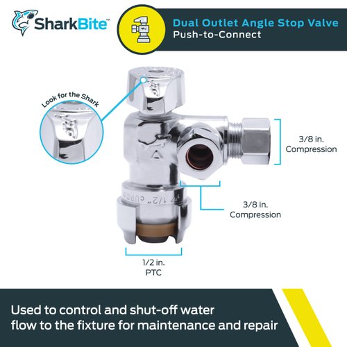 SharkBite 1/2 x 3/8 Inch Compression Dual Outlet Angle Stop Valve, Quarter Turn, Push to Connect Brass Plumbing Fitting, PEX Pipe, PE-RT, CPVC, Copper Pipe, 25558LF