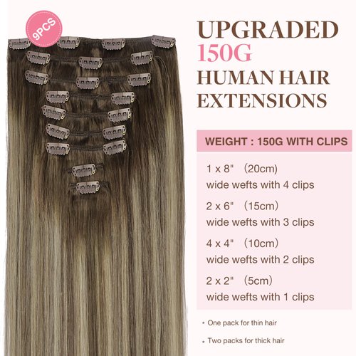 GOO GOO Clip in Hair Extensions Real Human Hair, 16inch 150g 9Pcs, 4/26/4 Balayage Chocolate Brown to Honey Blonde, Remy Human Hair Extensions Clip ins for Women, Natural Human Hair