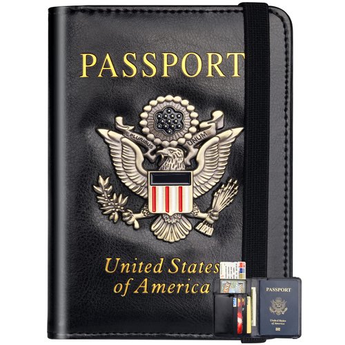 Passport Holder Wallet Cover Case for Men Women Family, Metal US Badge Passport Book Holers with RFID Blocking, Travel Essentials Cruise Must Haves