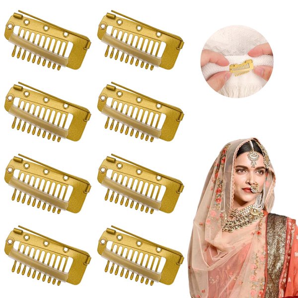 8pcs Wig Clip with Safety Pin, Safety Pin Hair Clip Hair Extension Clips Comb No Sew Teeth Snap Hair Clips Chunni Grip Dupatta Clips for Woman Tikka (Gold)