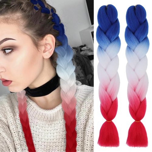 Braiding Hair Extensions for Women Blue-White-Red Ombre High Temperature Jumbo Synthetic Braiding Hair 24 Inch Pre stretched Fiber Hair Twist Crochet Braids for Independence Cosplay Party Makeup