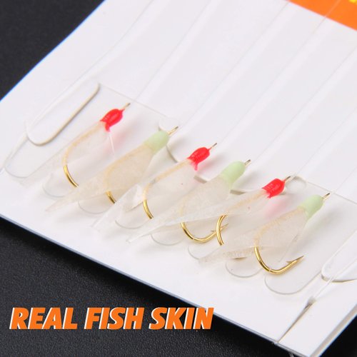 Fishing Bait Rigs Set,12 Packs Surf Fishing Rigs Saltwater Fishing Lure Rigs with Real Fish Skin Sharp Hooks Glow Beads Freshwater Saltwater Bait Rigs Size 4 6 8