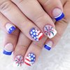 Sutaozhi 4th of July Press on Nails Short Square French Tip Fake Nails with Glitter Stars Rhinestones Fireworks Design Acrylic Glue on Nails Patriotic False Nails for Independence Day Nails Kit 24Pcs