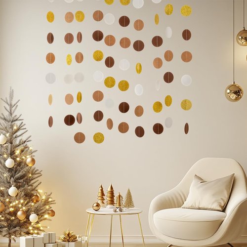Gold Coffee Brown and Cream Paper Garland Circle Streamer Hanging Decoration for Neutral Baby Shower Birthday Graduation Wedding Party, 2'' in Diameter, 6 Strands