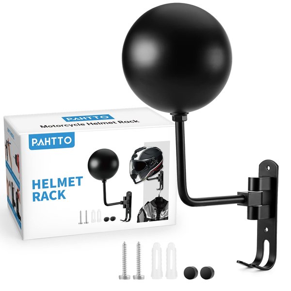 PAHTTO Motorcycle Helmet Holder, Helmet Rack Wall Mount 180 Degree Rotation Helmet Hanger with Double Hook for Coats, Caps, Hats, Motorcycle Accessories