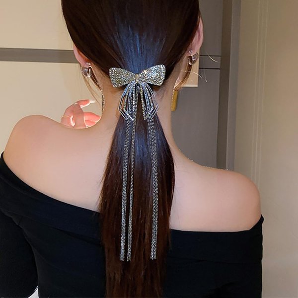 Jumwrit Glitter Rhinestone Hair Bow Clip Long Chain Tassel Hair Barrette Boho Metal Hollow Bowknot Hairpin Strong Hold Ponytail Holder Clip Accessories for Women Girls(Black)