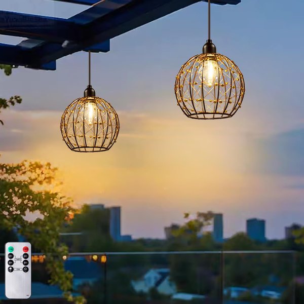 TWINKVILLA Hanging Pendant Lantern Lights, Battery Operated Outdoor Chandelier with G50 Warm White LED Bulb, Beaded Copper Wire Ball Shades, Remote Controlled for Patio Tree Pergola Gazebo Porch-2Pack