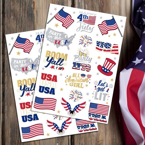 AOYOO Fourth of July Decorations Temporary Tattoos America Giltter Tattoos, USA Flag Let's get LIT All American girl Independence/Memorial Day Decorations, Red and Blue Patriotic Party Supplies