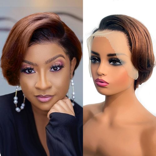 SHUNHUIXC Pixie Cut Wig Human Hair 13x4 Lace Front Wigs 8 inch Short Pixie Cut Glueless Human Hair Wigs Pre Plucked Short Straight Bob Wigs for Black Women 180% Density Natural Hairline T1B/33