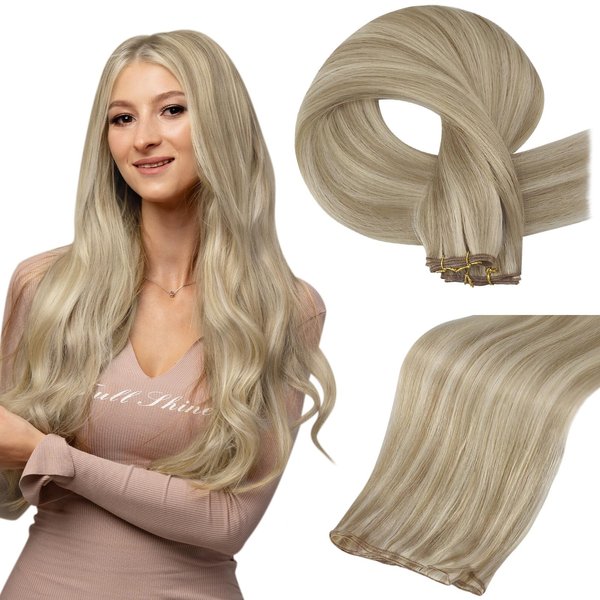 Full Shine Blonde Highlight Genius Weft Extensions For Women Color Golden Blonde Highlighted Medium Blonde Double Weft Sew In Human Hair Extensions Genius Weft Hair Extensions Human Hair 60G 22 Inch