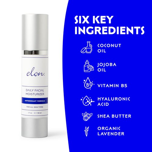Elon Daily Facial Moisturizer for Women - Hyaluronic Acid Moisturizer w/Coconut Oil & Jojoba Oil – Organic Moisturizer to Reduce Signs of Aging - Suitable for All Skin Types (1.7 Oz)