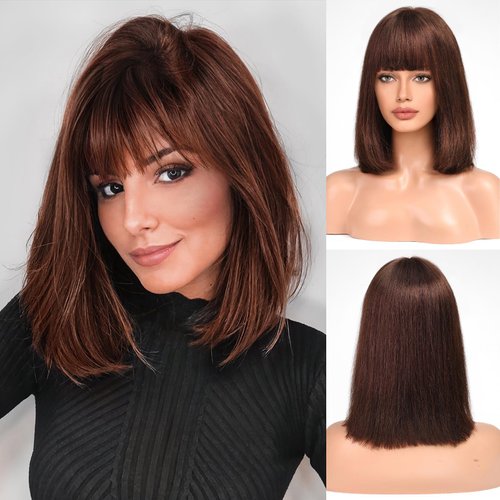 BLONDE UNICORN 14 Inch Bob Wig with Bangs Human Hair,Brown Bob Wigs for White Women,100% Human Hair Shoulder Length Wigs for Daily Use 180 Density
