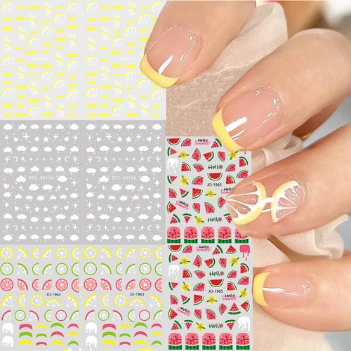 8 Sheets Summer Nail Art Stickers Decals Fruits Lemon Cotton Cloud Stars 3D Self -Adhesive Nail Decals Yellow French Tip Watermelon Design Manicure Decoration for Women Girls