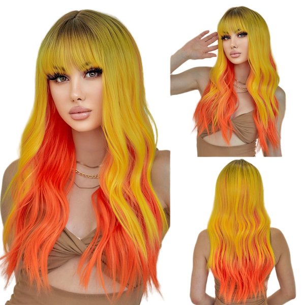 incohair 24 Inches Long Wavy Wigs for Women Heat Resistant Synthetic Ombre Wig with Bangs, Colorful Costume Wigs for Party Halloween Cosplay (ombre Yellow Orange)