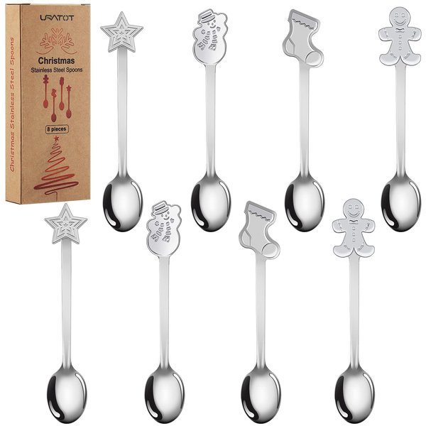 URATOT 8 Pieces Stainless Steel Christmas Spoons Coffee Tea Dessert Mixing Spoons Christmas Stocking Fillers
