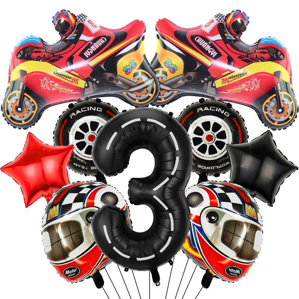 9Pcs Race Car Party Decorations, Motor Balloons Helmet Balloons Race Car Wheel Tire Birthday Number Foil Balloons for Boys Dirt Bike 3rd Birthday Themed Party Supplies