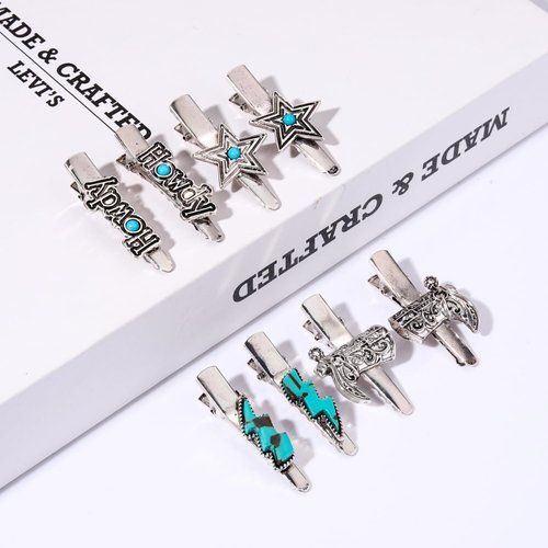 8PCS Western Turquoise Hair Clips for Women, Cowboy Cowgirl Boot Hat Hair Clips Turquoise Star Lightning Cactus Hairpins Vintage Turquoise Hair Accessories (Pattern B)
