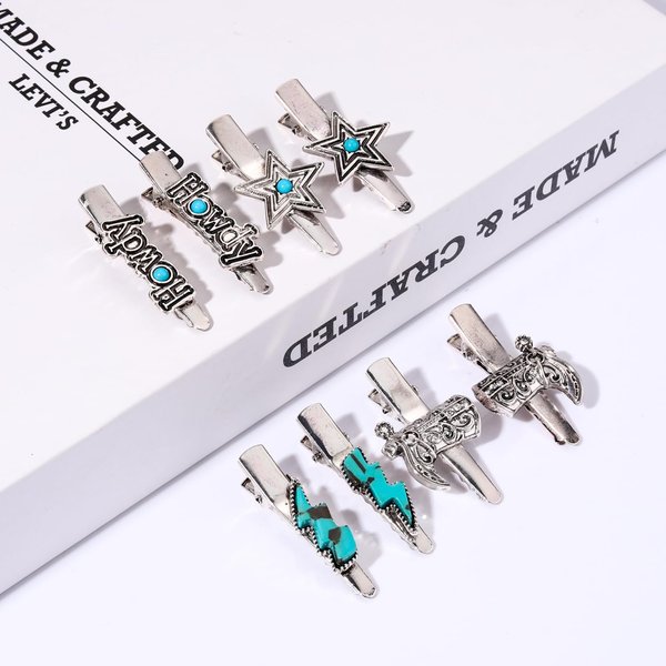 8PCS Western Turquoise Hair Clips for Women, Cowboy Cowgirl Boot Hat Hair Clips Turquoise Star Lightning Cactus Hairpins Vintage Turquoise Hair Accessories (Pattern B)