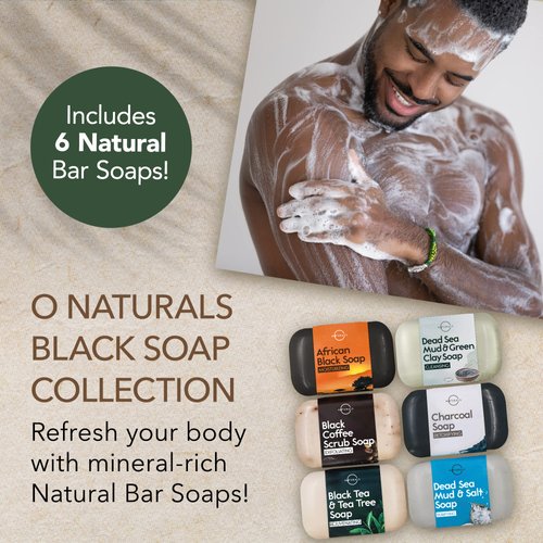 O Naturals 6 PCS Black Soap - Women & Men's Bar Soap, Father's Day Gifts, Men's Soap Bar, African Black Soap w/Moisturizing Shea Butter, Charcoal Soap, Organic & Natural Soap for Men & Women, 4oz
