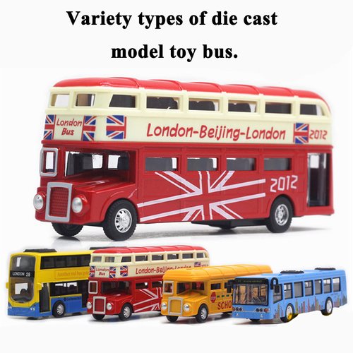 OTONOPI Bus Toys Pull Back School Bus Double Decker London Vehicles City Sightseeing Tour Bus Die Cast Metal Toy Cars Friction Powered Play Vehicle Toy Set for Kids 4 Pack