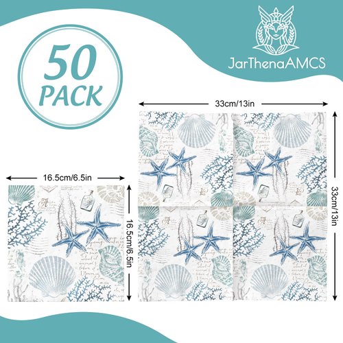 JarThenaAMCS 50Pcs Under the Sea Paper Napkin Pastel Starfish Seashell Coral Disposable Napkins Vintage Ocean Theme Luncheon Napkins Summer Dinner Hand Napkin for Party Supplies