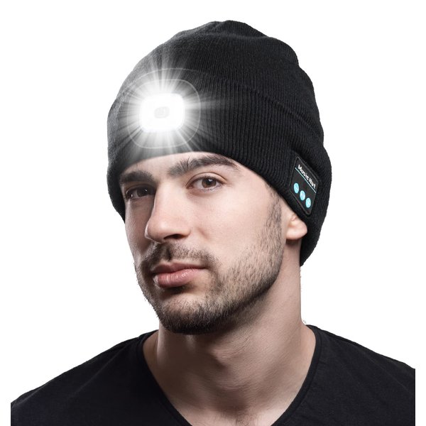 Bluetooth Beanie with Light, Unique Tech Gifts for Men Husband Him Teen, Wireless Headphones for Fishing Jogging Working, Christmas Stocking Stuffers Black