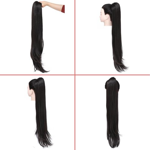 YOLANFAIRY 32 Inch Long Straight Drawstring Ponytail Extension Synthetic Hair Extensions Ponytail Natural Soft Fake Pony Tail Hair Pieces for Women (Brownish Black)