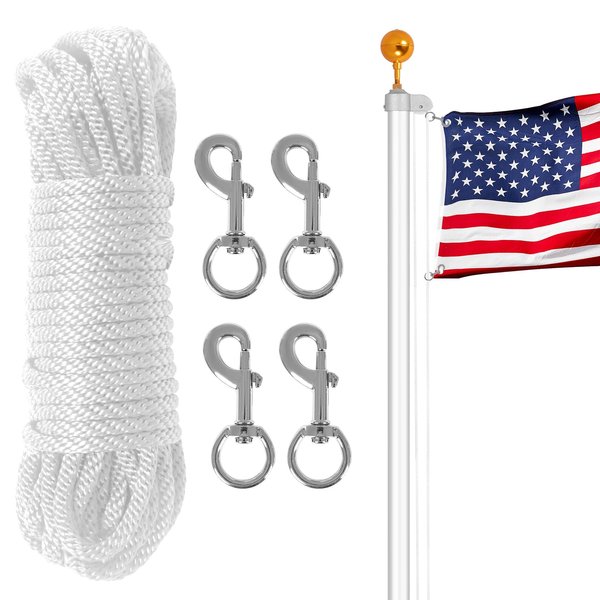 BMFTRRI Flag Pole Kit 80Ft x 1/4" Diameter Halyard With 4 Pcs Zinc Alloy Swivel Snap Hooks Clips - Outdoor Flagpole Hardware Accessories, Camping Rope, Clothesline, Dog Leash, Swing (White)