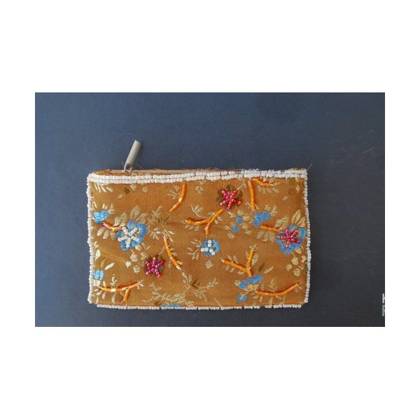 Small Embroidered Flower Brocade Makeup Bags - Brown