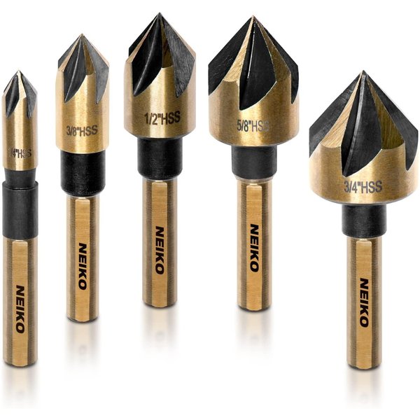 NEIKO 10218A Countersink Drill Bit Set for Wood and Metal, 1/4” Tri-Flat Shank, 5 Piece Countersink Bits, M2 High Speed Steel