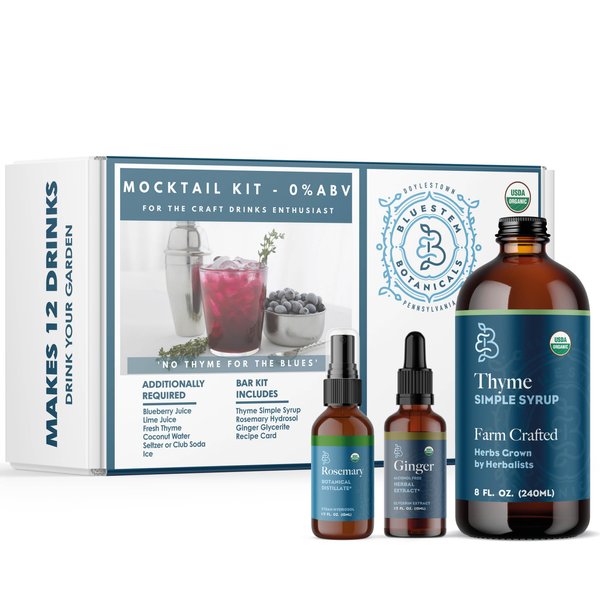 Organic Mocktail Kit by Bluestem Botanicals, No Thyme for the Blues Mocktail Mixer Set, Non-Alcoholic, Bitters and Simple Syrups for Drinks, Set of 3 Herbal Extract Drink Mixers